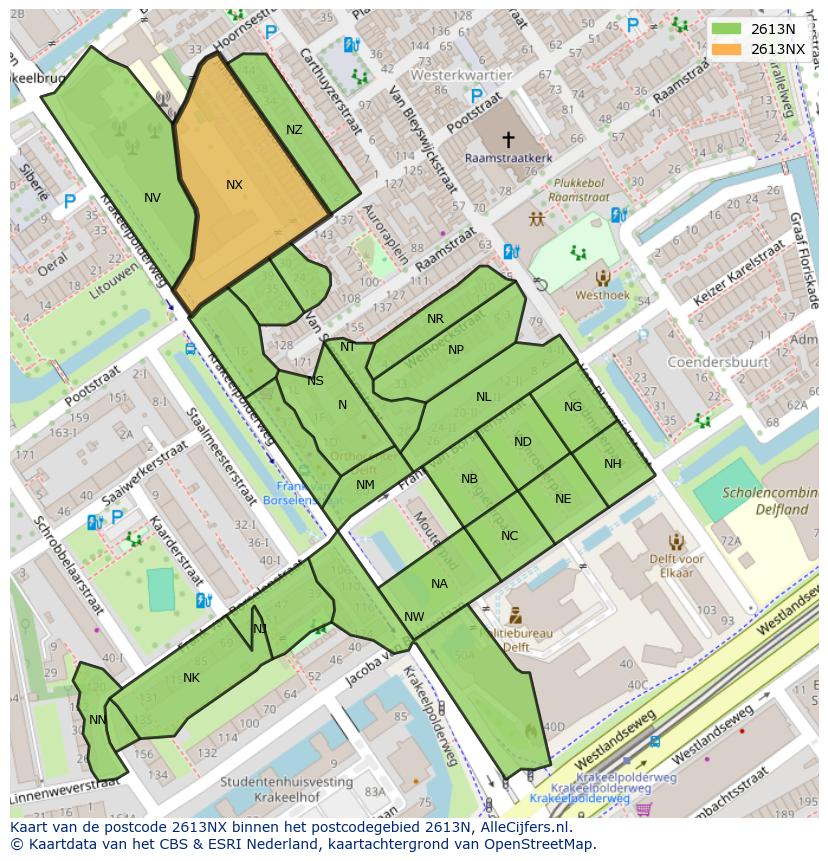 Afbeelding van het postcodegebied 2613 NX op de kaart.
