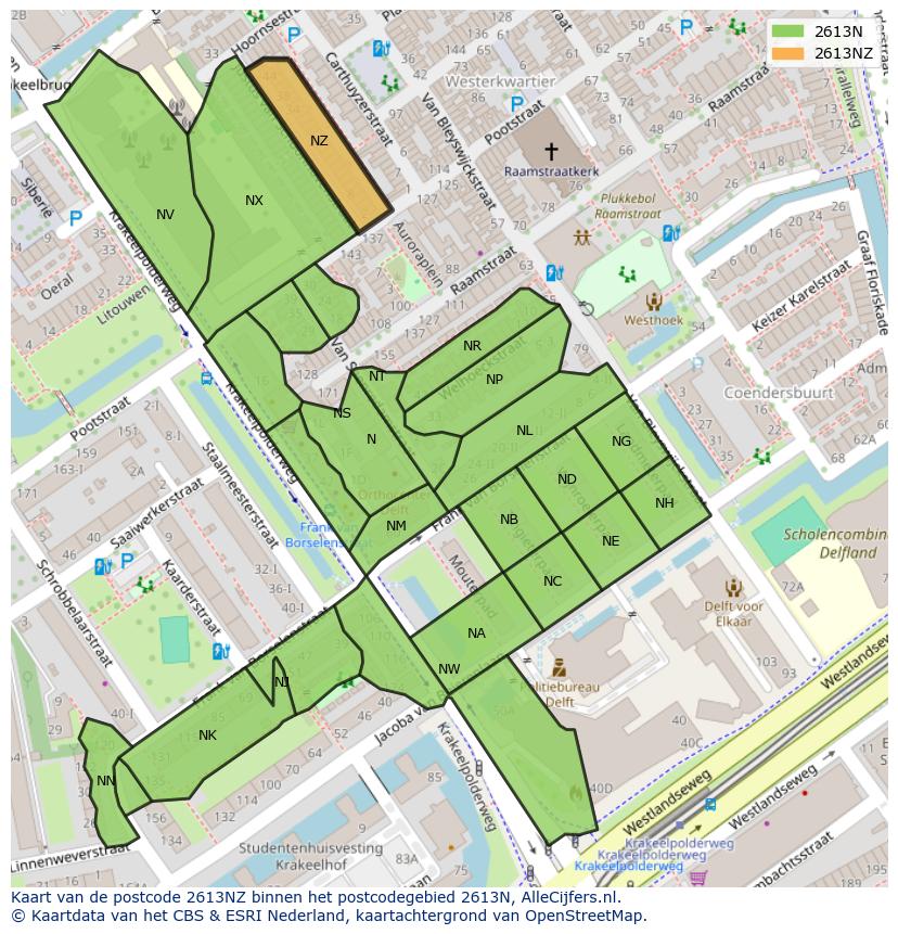Afbeelding van het postcodegebied 2613 NZ op de kaart.