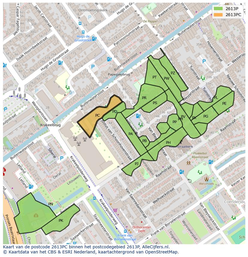 Afbeelding van het postcodegebied 2613 PC op de kaart.