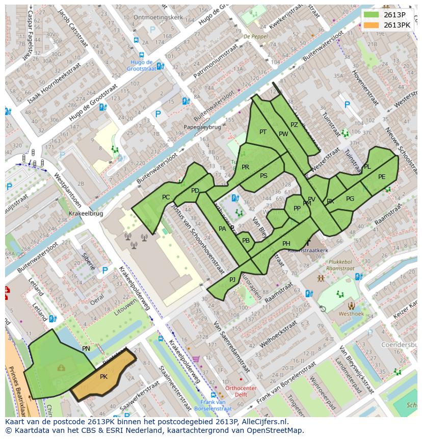 Afbeelding van het postcodegebied 2613 PK op de kaart.