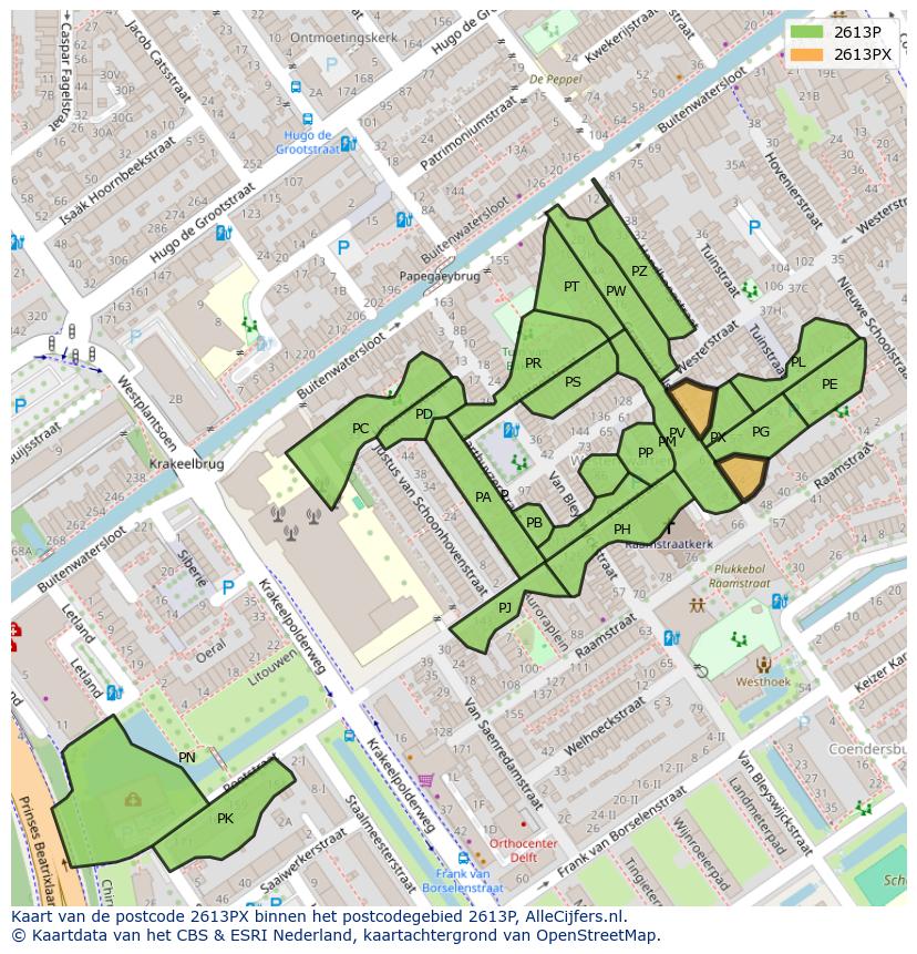 Afbeelding van het postcodegebied 2613 PX op de kaart.