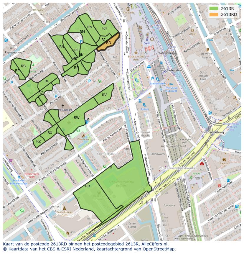 Afbeelding van het postcodegebied 2613 RD op de kaart.