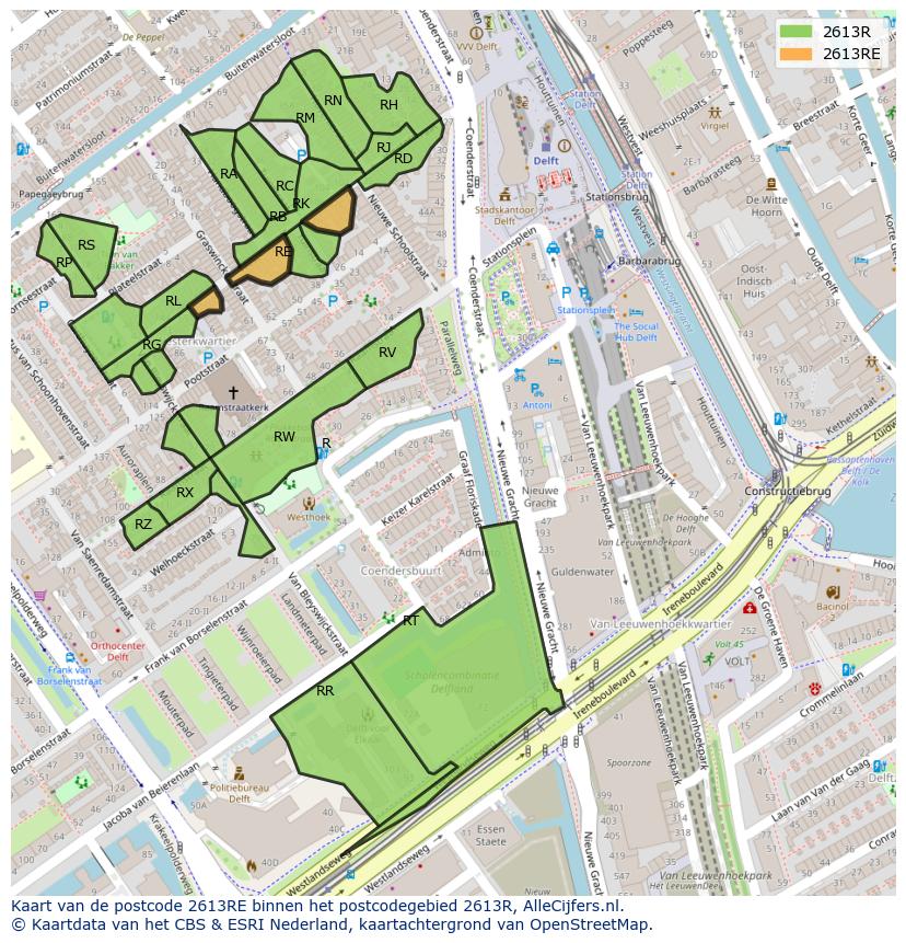 Afbeelding van het postcodegebied 2613 RE op de kaart.
