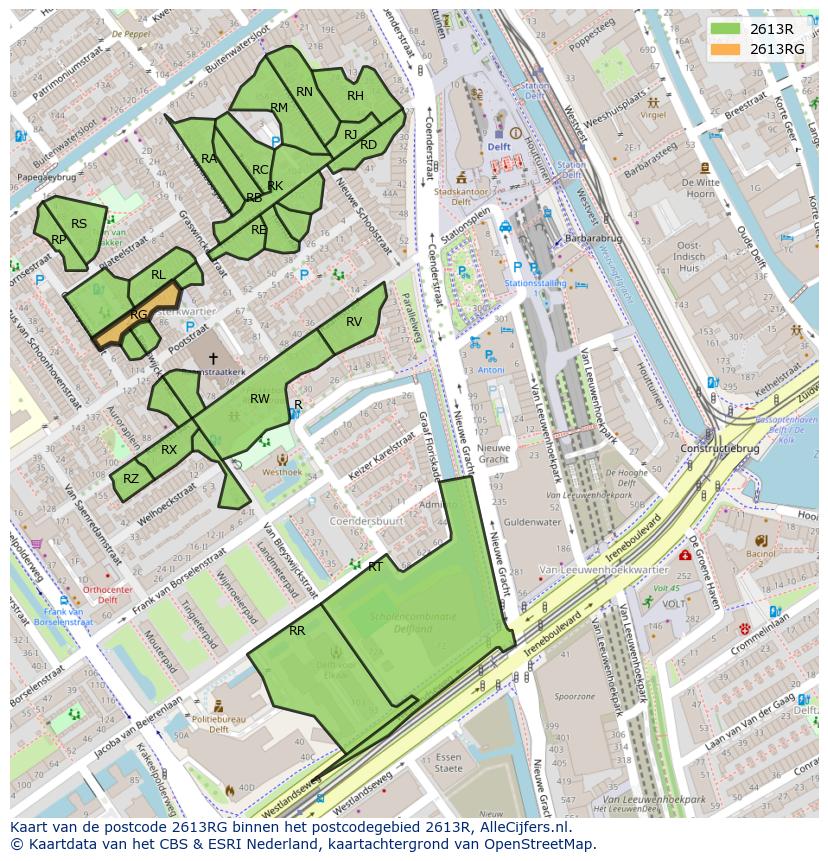 Afbeelding van het postcodegebied 2613 RG op de kaart.