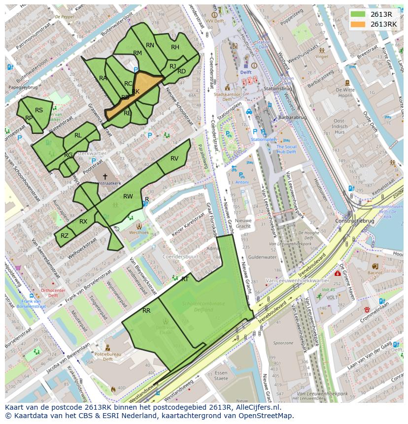 Afbeelding van het postcodegebied 2613 RK op de kaart.