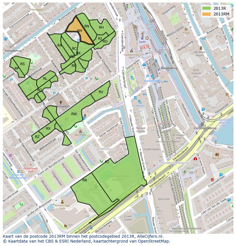 Afbeelding van het postcodegebied 2613 RM op de kaart.