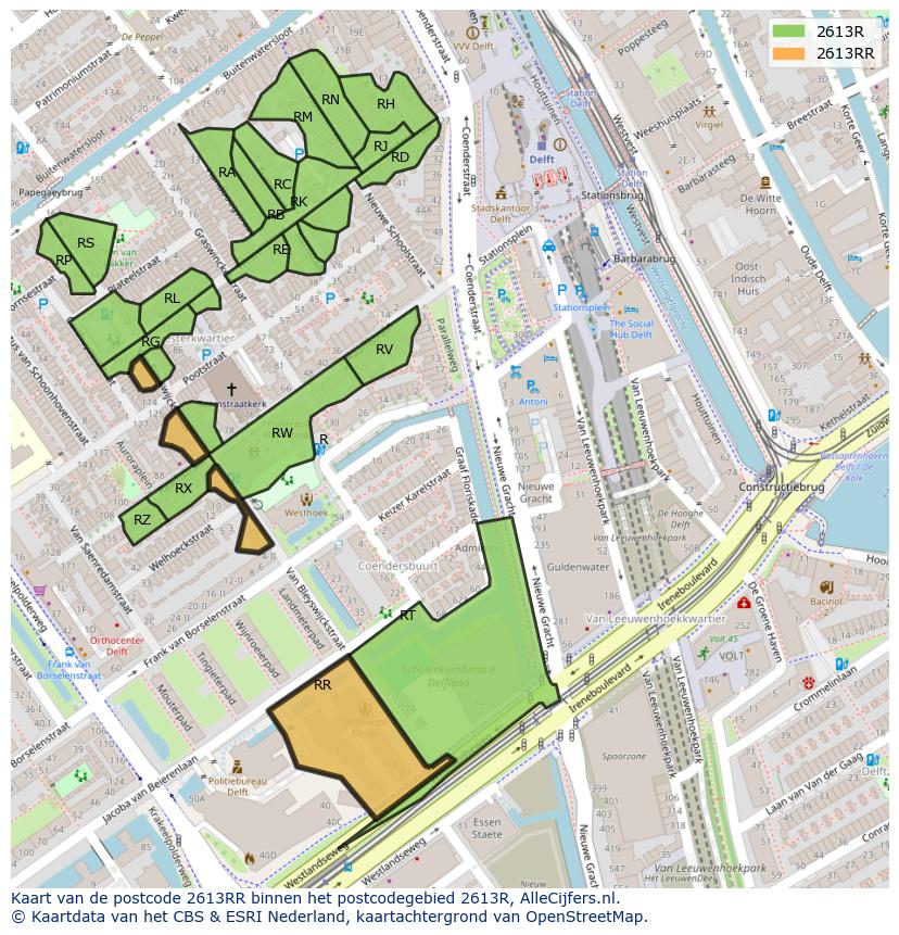 Afbeelding van het postcodegebied 2613 RR op de kaart.