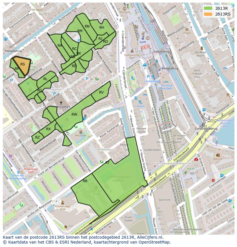Afbeelding van het postcodegebied 2613 RS op de kaart.