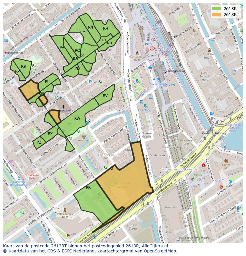 Afbeelding van het postcodegebied 2613 RT op de kaart.