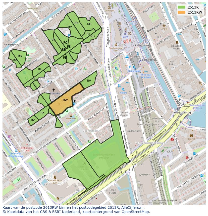 Afbeelding van het postcodegebied 2613 RW op de kaart.