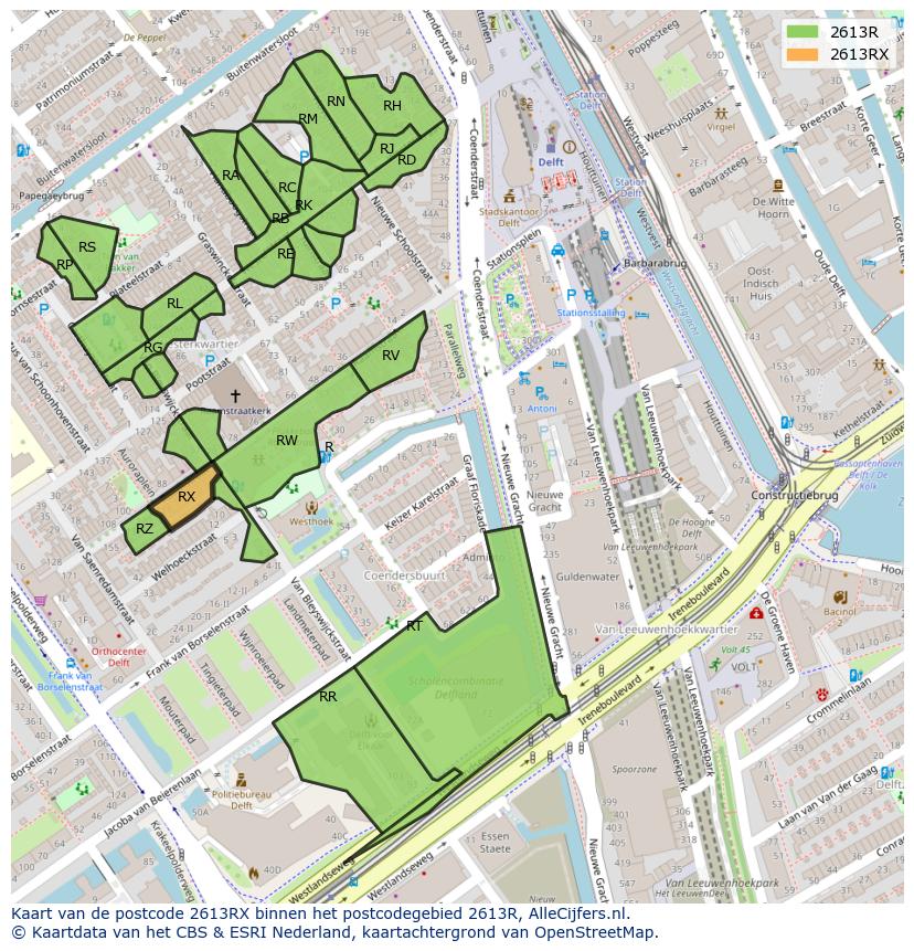 Afbeelding van het postcodegebied 2613 RX op de kaart.