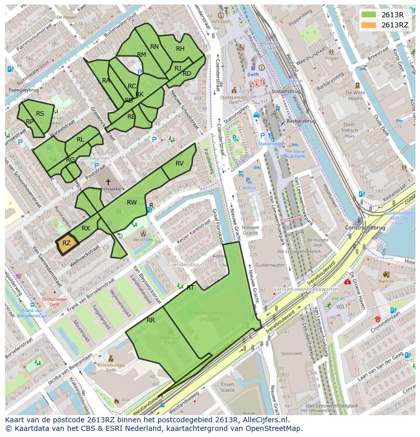 Afbeelding van het postcodegebied 2613 RZ op de kaart.