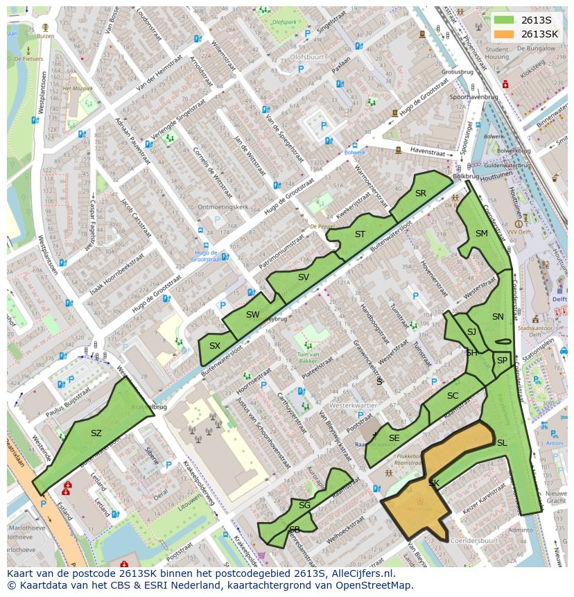 Afbeelding van het postcodegebied 2613 SK op de kaart.