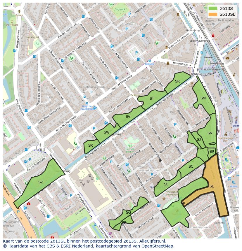Afbeelding van het postcodegebied 2613 SL op de kaart.