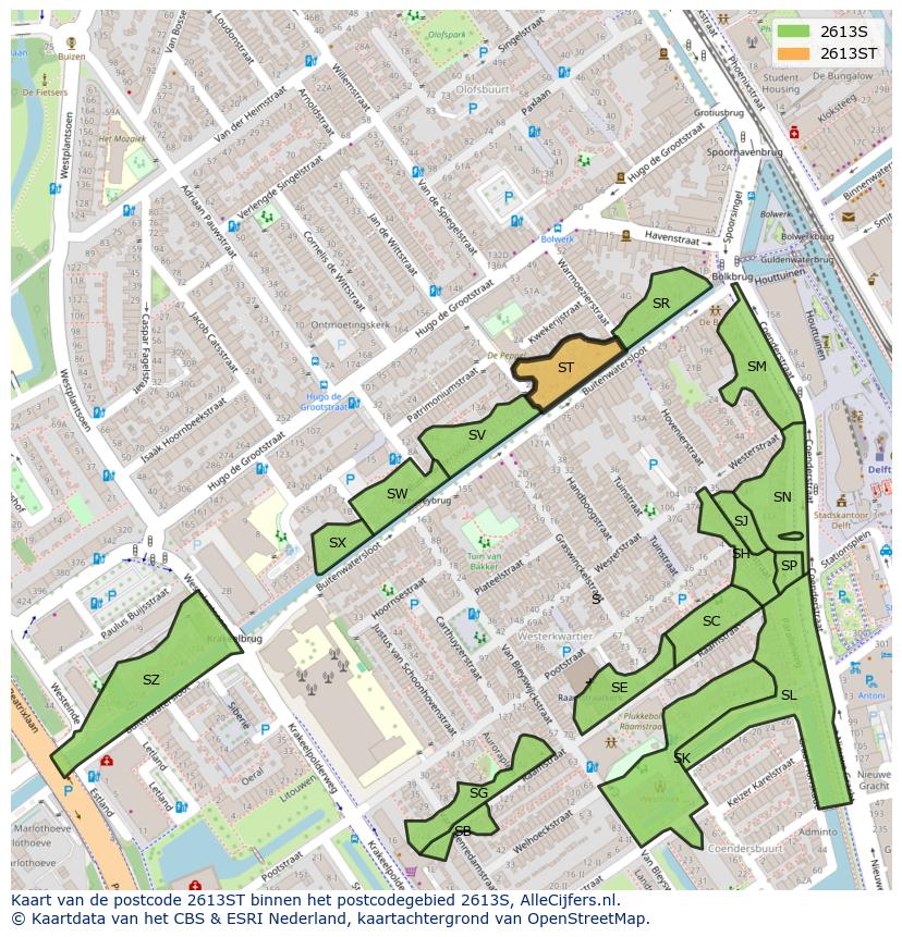 Afbeelding van het postcodegebied 2613 ST op de kaart.