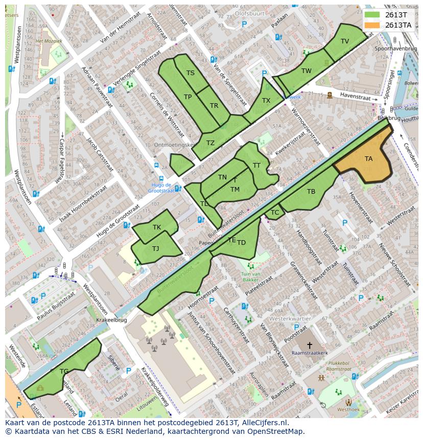 Afbeelding van het postcodegebied 2613 TA op de kaart.