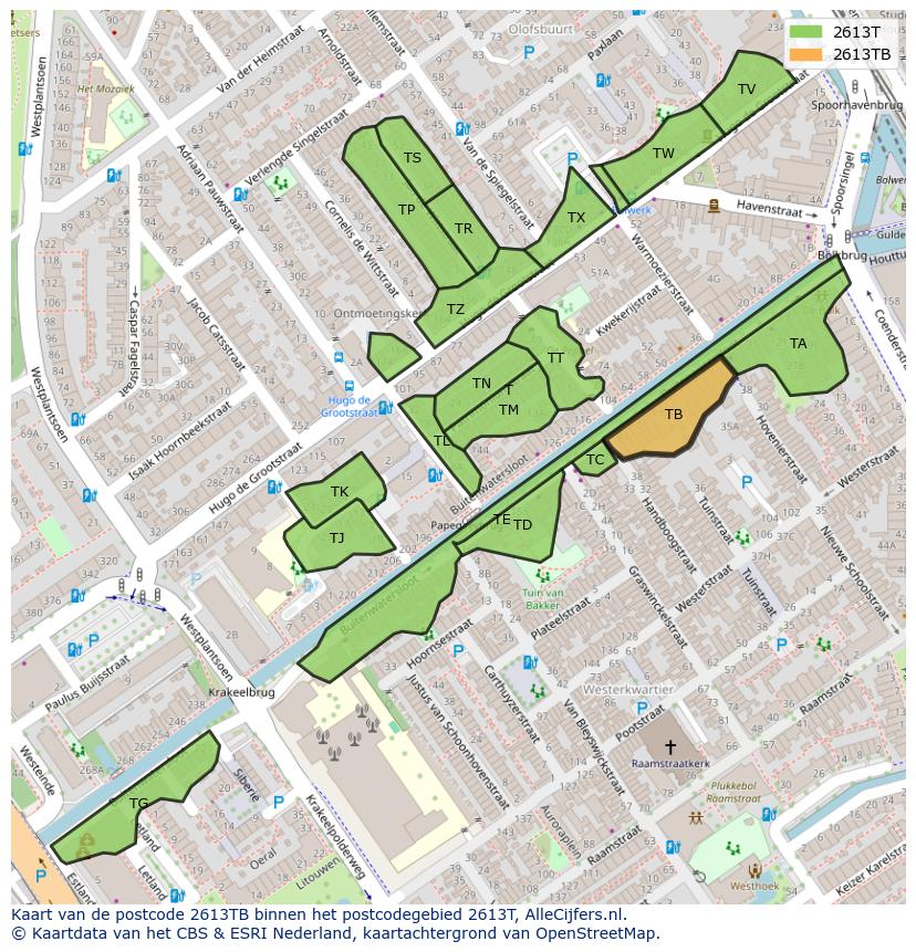 Afbeelding van het postcodegebied 2613 TB op de kaart.