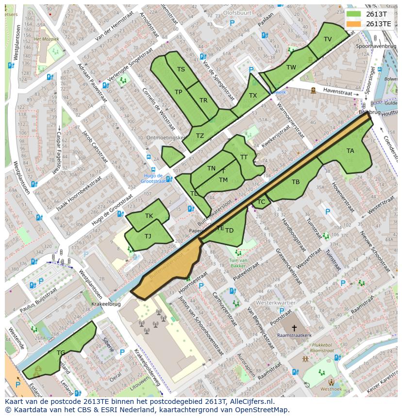 Afbeelding van het postcodegebied 2613 TE op de kaart.