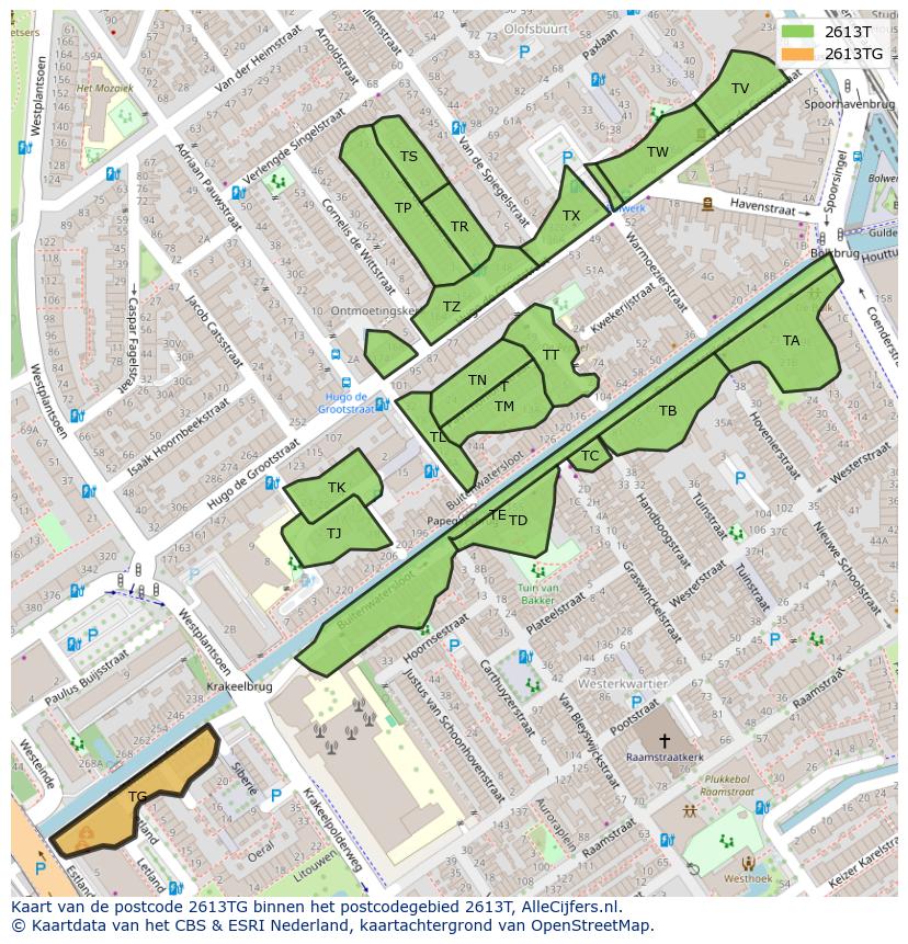 Afbeelding van het postcodegebied 2613 TG op de kaart.