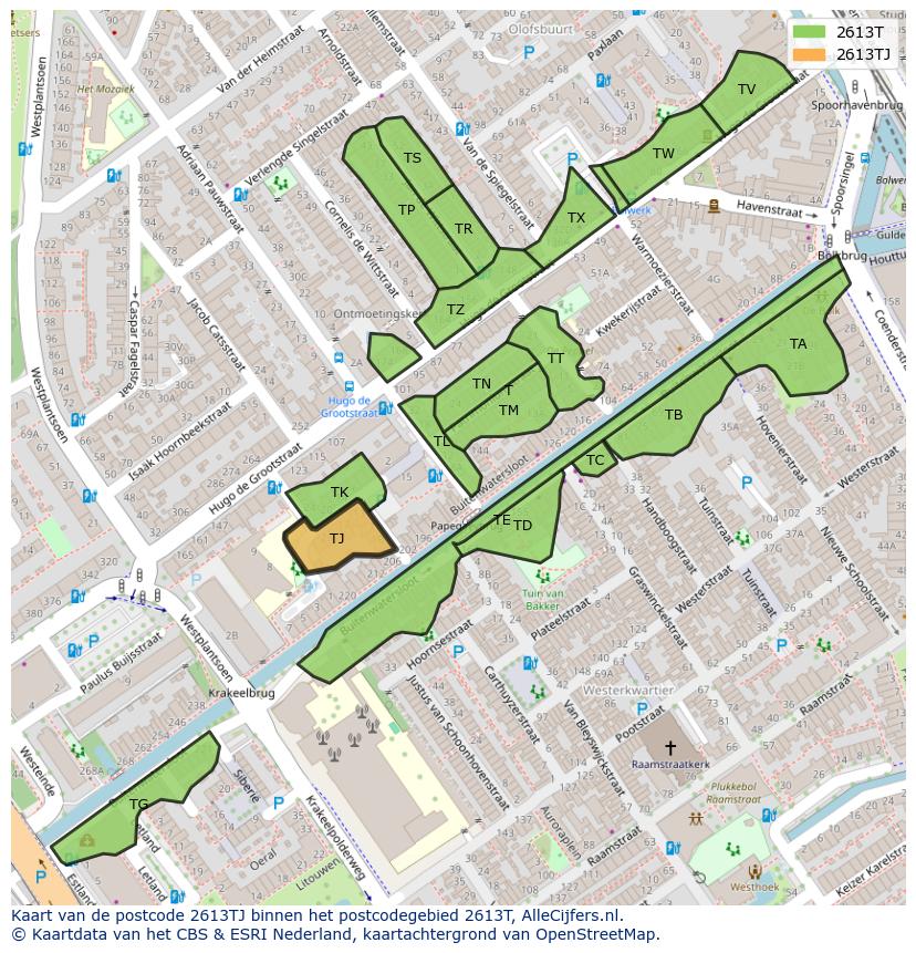 Afbeelding van het postcodegebied 2613 TJ op de kaart.