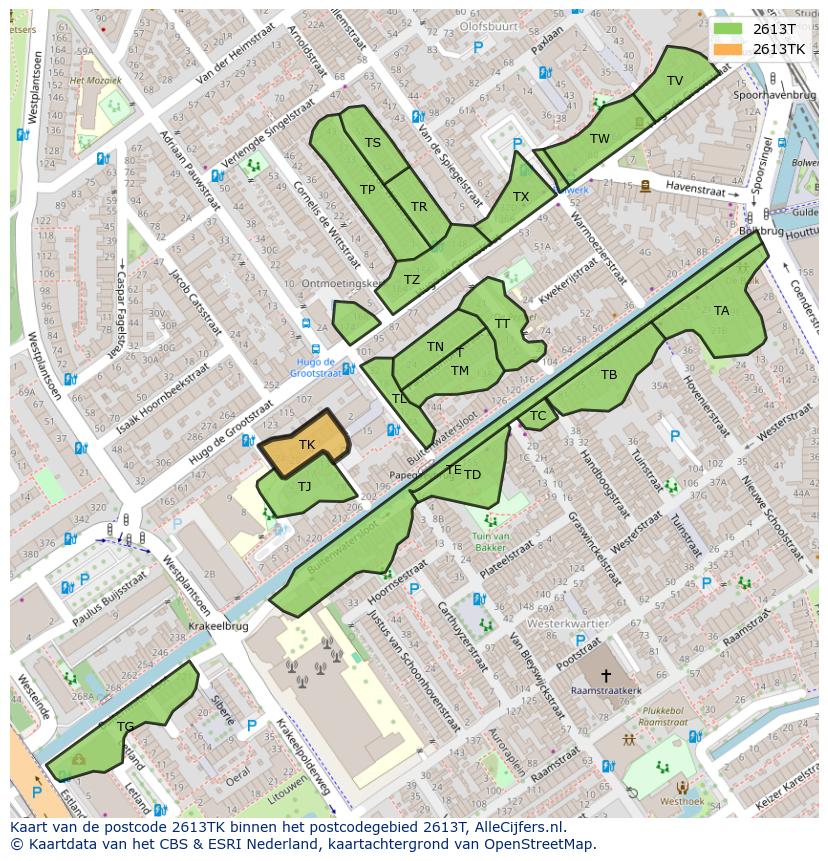 Afbeelding van het postcodegebied 2613 TK op de kaart.
