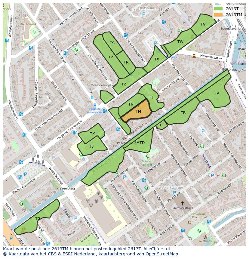 Afbeelding van het postcodegebied 2613 TM op de kaart.