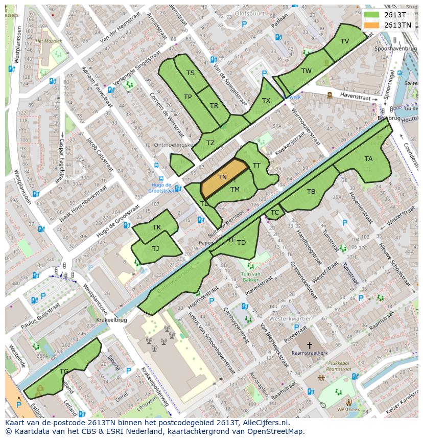 Afbeelding van het postcodegebied 2613 TN op de kaart.