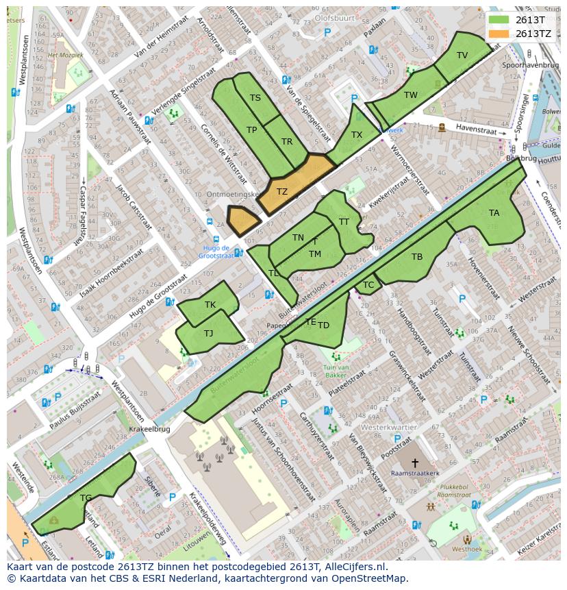 Afbeelding van het postcodegebied 2613 TZ op de kaart.