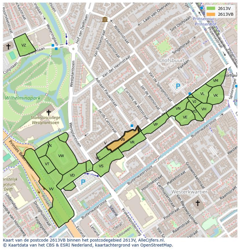 Afbeelding van het postcodegebied 2613 VB op de kaart.