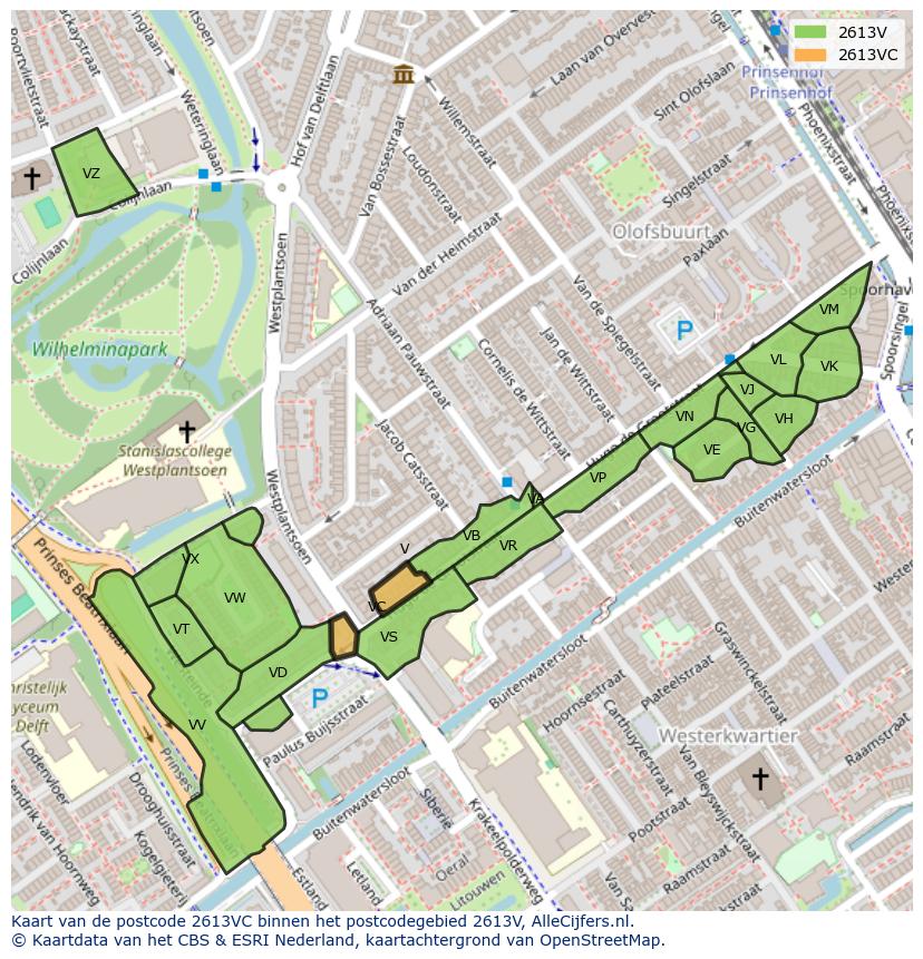 Afbeelding van het postcodegebied 2613 VC op de kaart.