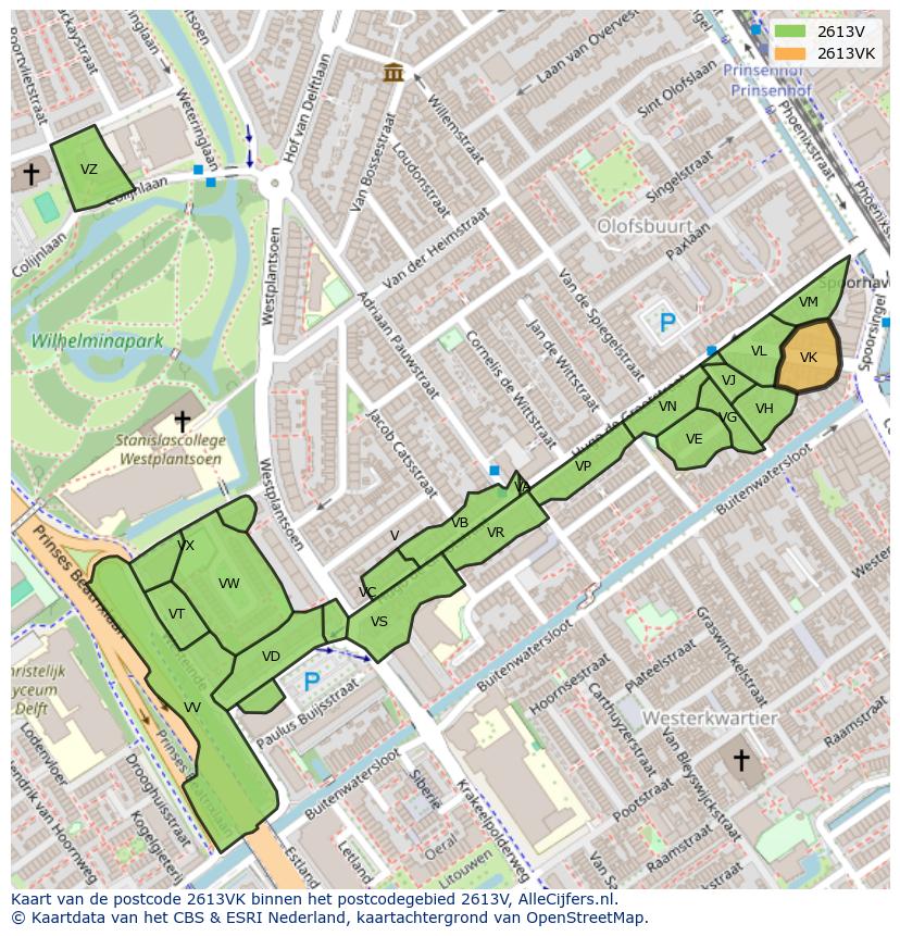 Afbeelding van het postcodegebied 2613 VK op de kaart.