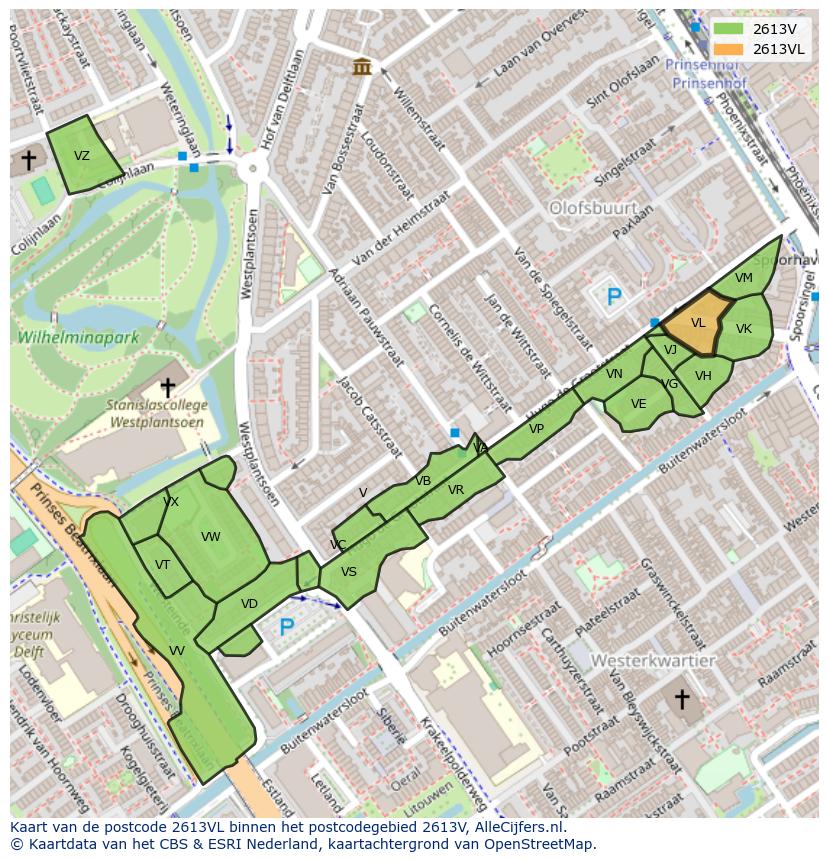 Afbeelding van het postcodegebied 2613 VL op de kaart.