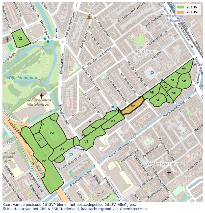 Afbeelding van het postcodegebied 2613 VP op de kaart.