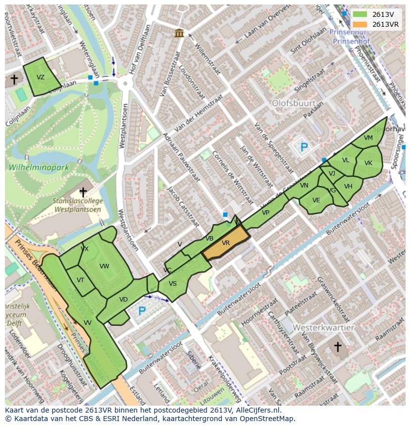 Afbeelding van het postcodegebied 2613 VR op de kaart.