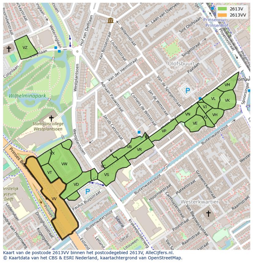 Afbeelding van het postcodegebied 2613 VV op de kaart.