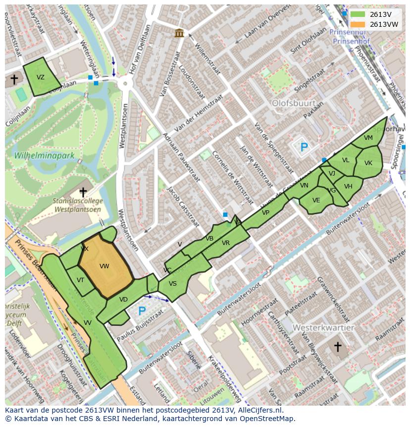 Afbeelding van het postcodegebied 2613 VW op de kaart.