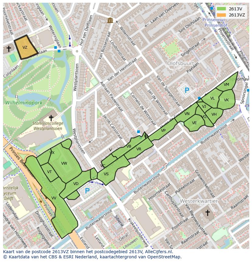 Afbeelding van het postcodegebied 2613 VZ op de kaart.