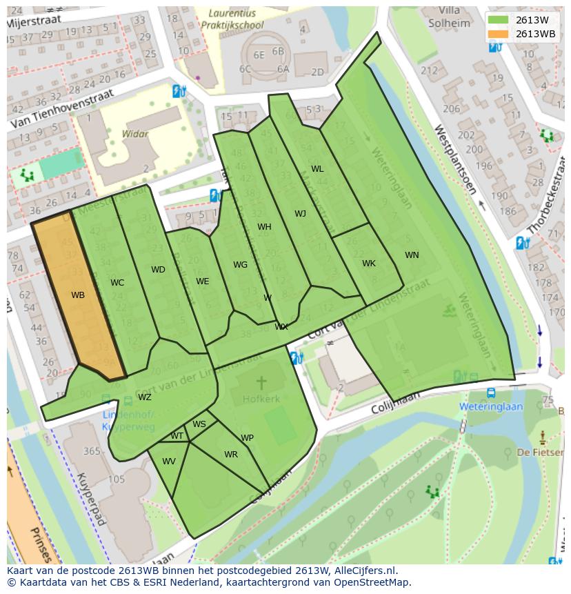 Afbeelding van het postcodegebied 2613 WB op de kaart.