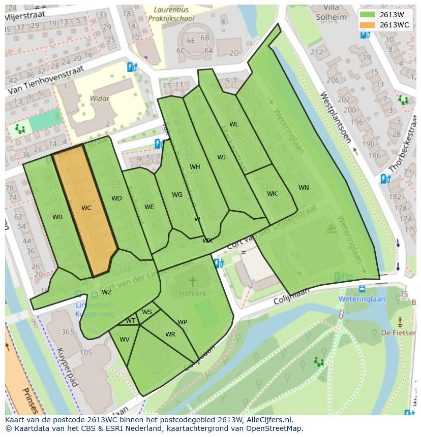 Afbeelding van het postcodegebied 2613 WC op de kaart.