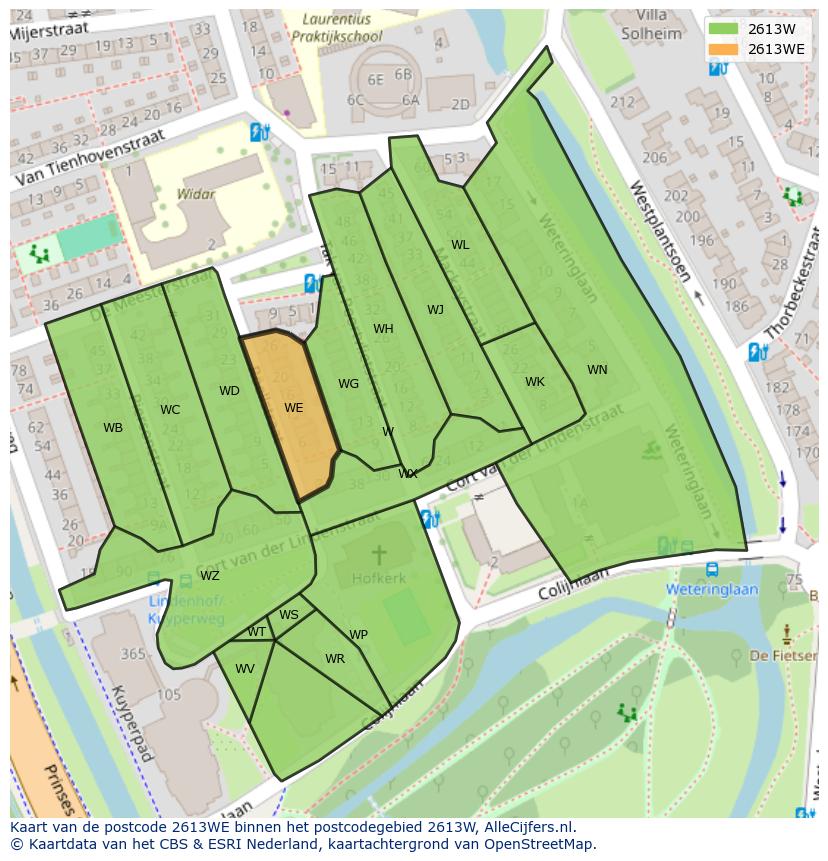 Afbeelding van het postcodegebied 2613 WE op de kaart.