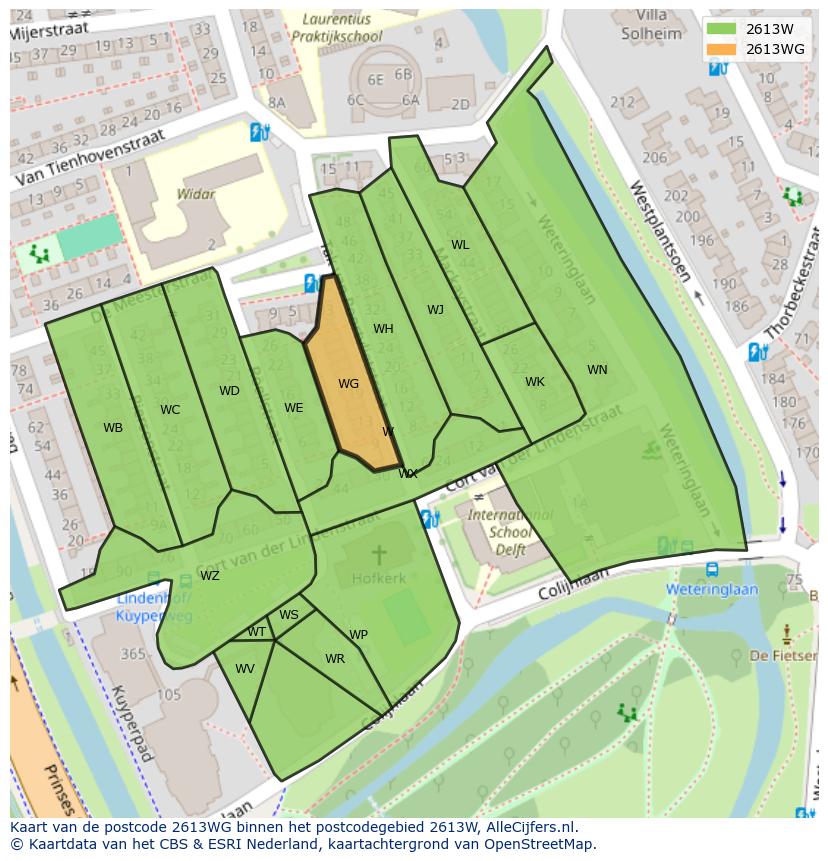 Afbeelding van het postcodegebied 2613 WG op de kaart.