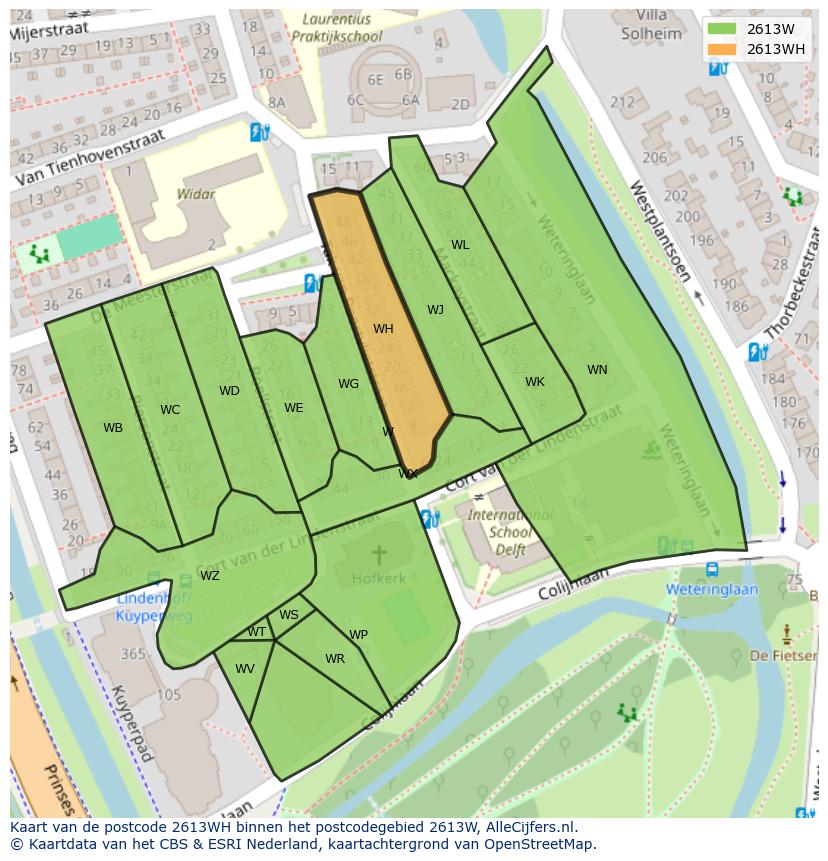 Afbeelding van het postcodegebied 2613 WH op de kaart.