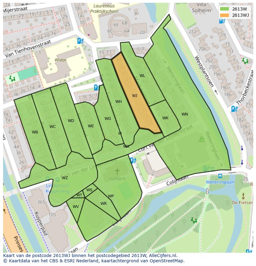 Afbeelding van het postcodegebied 2613 WJ op de kaart.