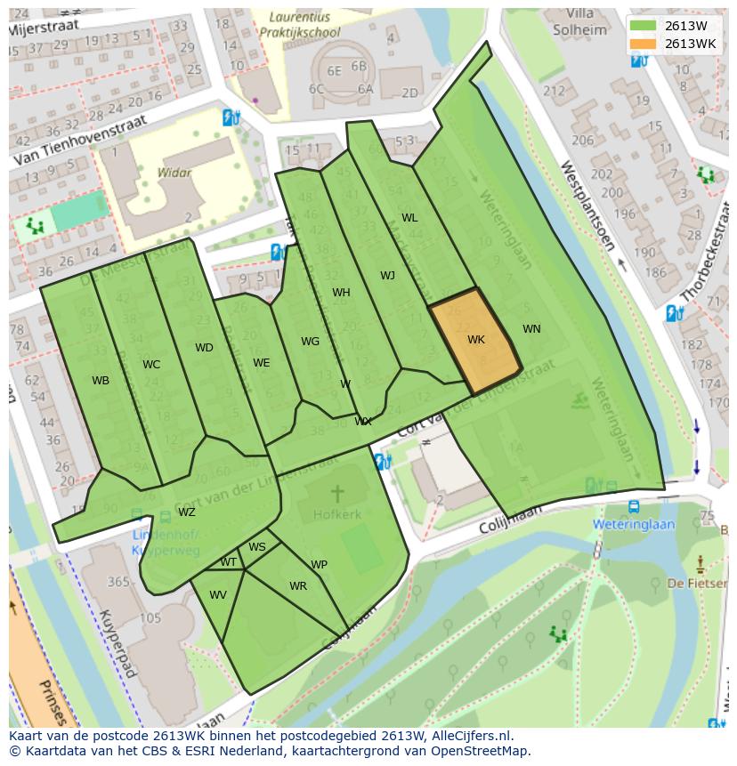 Afbeelding van het postcodegebied 2613 WK op de kaart.