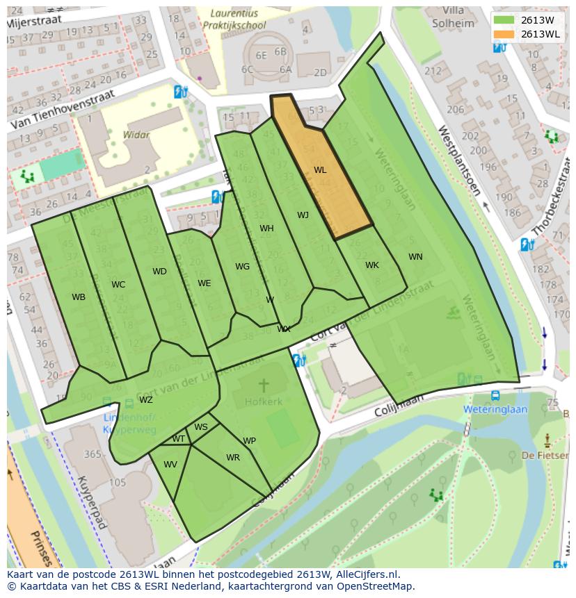 Afbeelding van het postcodegebied 2613 WL op de kaart.
