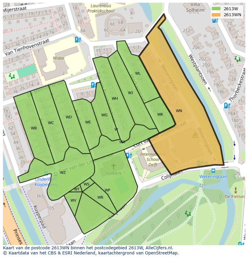 Afbeelding van het postcodegebied 2613 WN op de kaart.