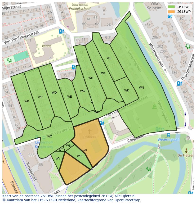 Afbeelding van het postcodegebied 2613 WP op de kaart.