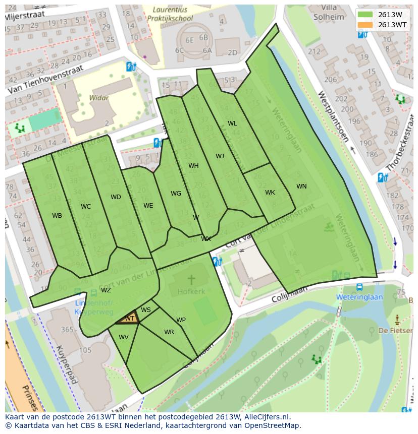 Afbeelding van het postcodegebied 2613 WT op de kaart.