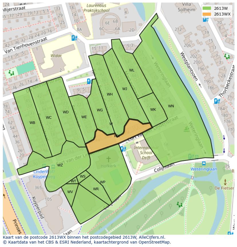 Afbeelding van het postcodegebied 2613 WX op de kaart.