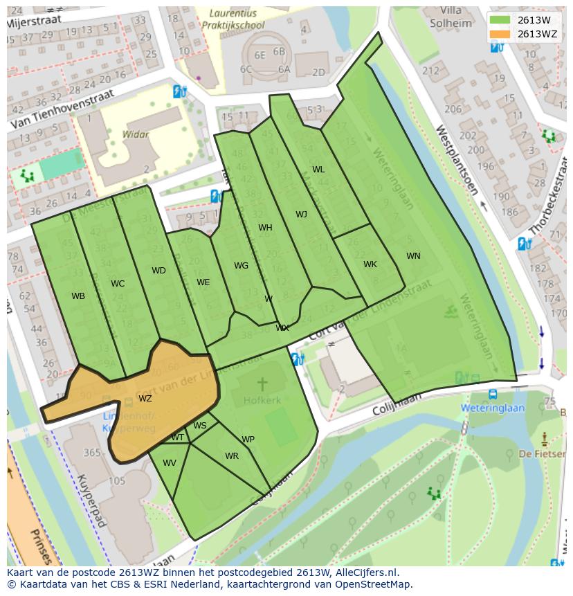 Afbeelding van het postcodegebied 2613 WZ op de kaart.